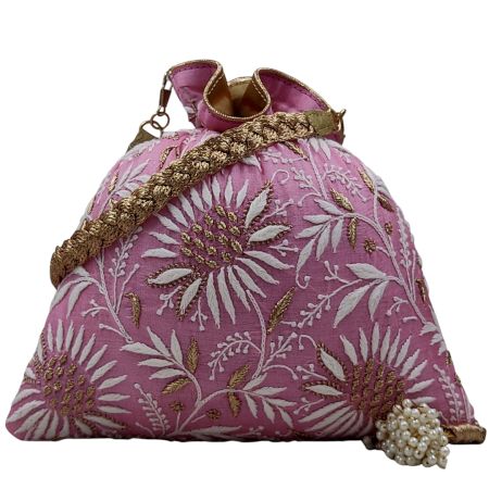Pink Handmade Chikankari Silk Potli Bag
